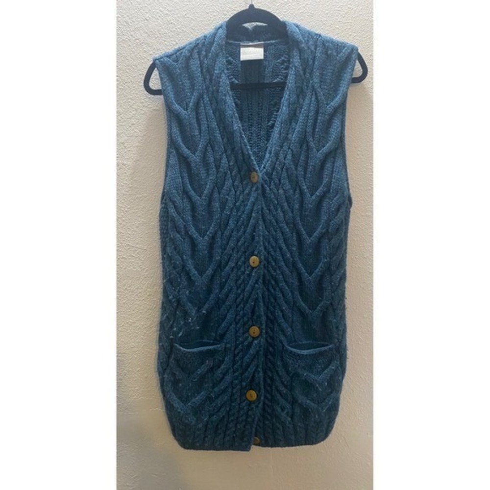 Aran Wool Cable Knit Long Vest Teal Blue Women's L Sleeveless Button Pockets